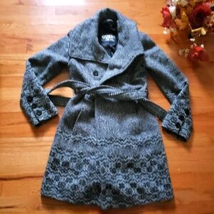 Guess LA 1981 Black/White Tweed Belted Trench wool blend XS double Breasted